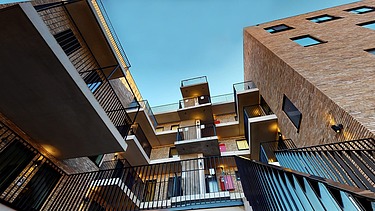 Visualisierung von den neunen Wohnungsbauten in Gent aus der Froschperspektive. 