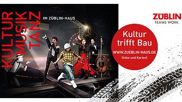 Flyer vom Jubiläumsprogramm vom ZÜBLIN-Haus. Auf dem Flyer sind verschiedene Künstler, mit einem Hinweis für mehr Informationen. 