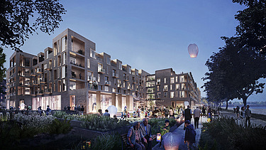 Photo of a new residential and senior center under blue sky