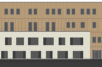Visualisierung des Holz-Hybrid-Verwaltungsgebäudes von asphericon in Jena