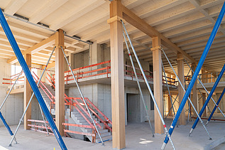 Foto von den Tragstruktur die das Holz-Beton-Verbund-Deckenelemente halten.