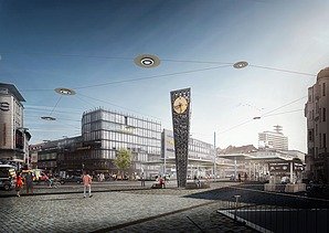 Eine weitere Visualisierung des Jahnplatzes zeigt den Platz mit neuem Gebäude