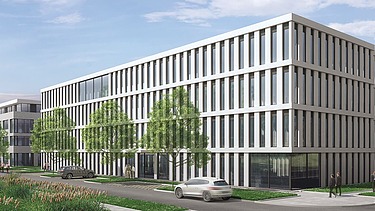 Visualisierung von drei Büro-Neubaukomplexen mit Seitenansicht. 