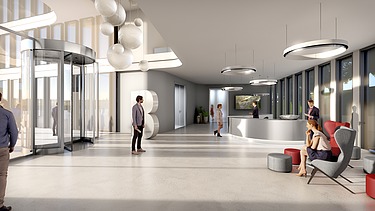 Illustration vom BRAIN BOX BERLIN Foyer. Verschiedenen Personen sind im Raum zusehen. 