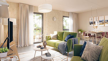 Visualisierung von Wohngebäuden mit dem Holz-Hybrid-Bausystem, von innen.  