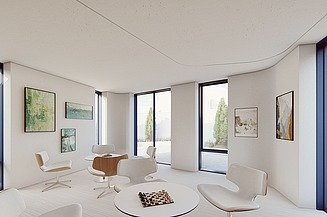 Visualisierung vom neuen Maggie’s Centre am Royal Free Hospital von innen. Alles ist weiß gehalten und Tische und Stühle sind zu sehen. An den Wänden hängen Bilder. 