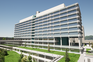 Visualisierung vom Ersatzneubau NA an der Ruhr-Universität in Bochum aus der Totalen. 