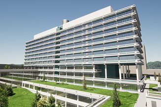 Visualisierung vom Ersatzneubau NA an der Ruhr-Universität in Bochum aus der Totalen. 
