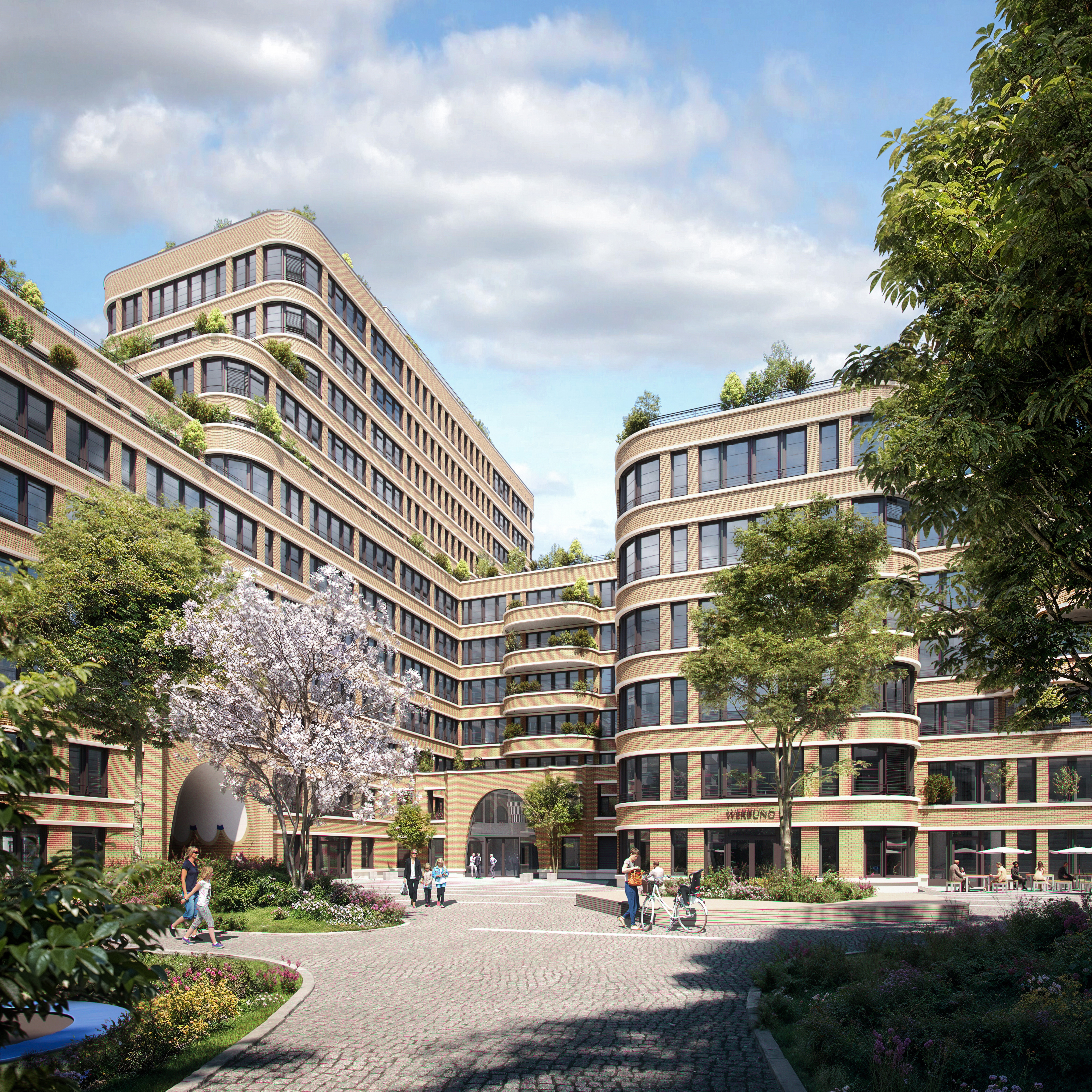 Courtyard with trees and a high-rise building