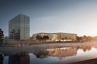 Visualisierung vom Erweiterungsneubau LRA Esslingen, bei Sonnenuntergang. 