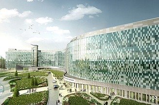 Visualisierung der US-Militärklinik in Weilerbach mit einer breiten Sicht über das ganze Gebäude.   