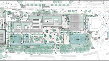 Zeichnung vom neuen großen Schulcampus Struenseestraße in Hamburg. 