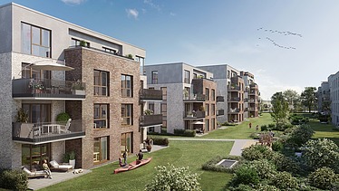 Visualisierung von Wohngebäuden. Glückliche Personen sind vor den Häusern zusehen.   