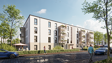 Visualisierung von Wohngebäuden mit dem Holz-Hybrid-Bausystem. 