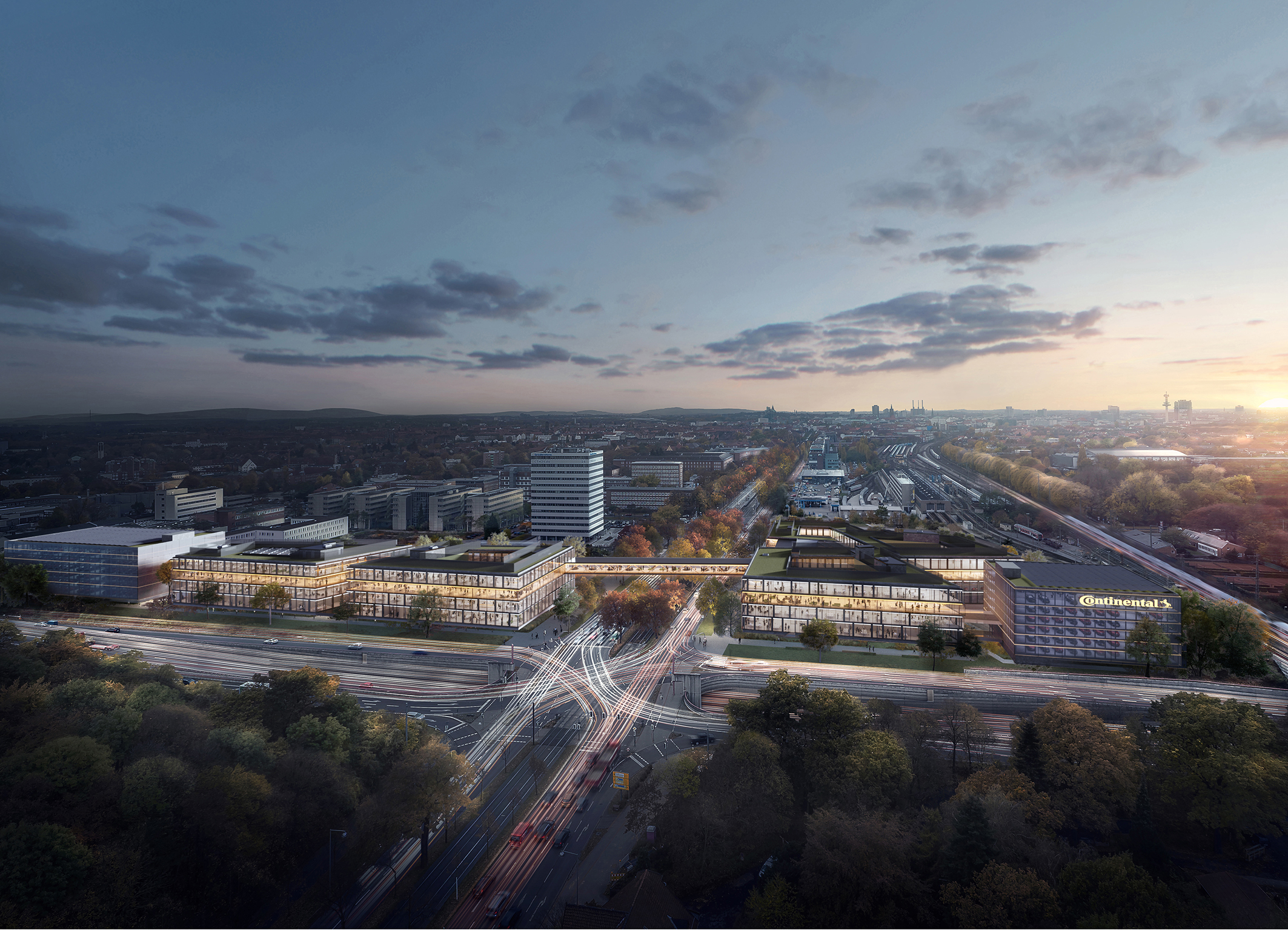 Visualisierung einer Stadt aus der Vogelperspektive, mit Blick auf die neuen Bürogebäude.  