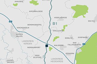 Landkarte auf der eine weiße Line von oben nach unten eingezeichnet ist