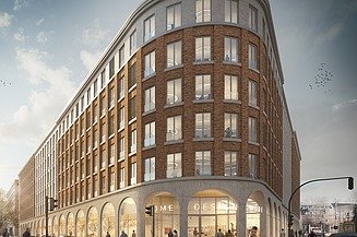 Visualisierung eines Bürogebäudes mit Blick von einer Straßenkreuzung.  