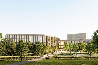 Visualisierung vom Erweiterungsneubau LRA Esslingen. Zu sehen ein Totalaufnahme vom Gebäude.  