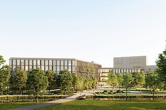 Visualisierung vom Erweiterungsneubau LRA Esslingen. Zu sehen ein Totalaufnahme vom Gebäude.  