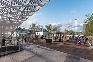 Photo of a forecourt and sidewalk, which is covered with a modern steel framework