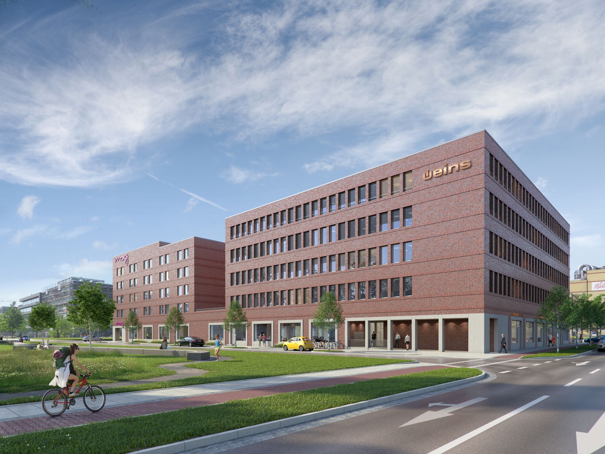 Visualisierung des üeins Büro- und Hotelkomplex mit Blick von der Seite. 