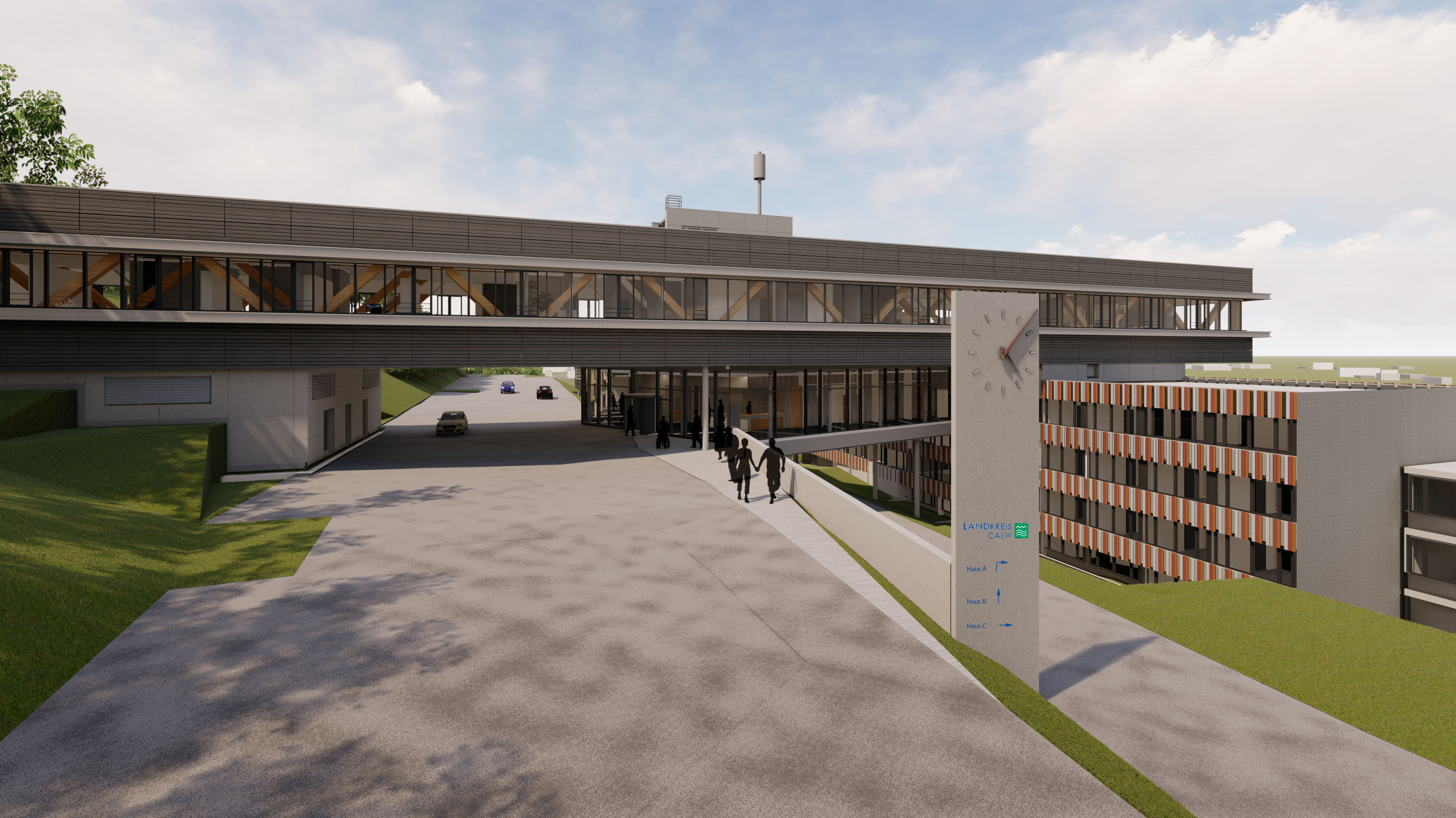 Visualisierung von einem Bürogebäude, dass eine Brücke hat, die über eine befahrende Straße geht. 