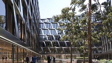 Visualisierung vom „ONE PLAZA“ in Düsseldorf mit Blick auf den Innenhof.    