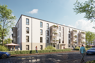 Visualisierung von Wohngebäuden mit dem Holz-Hybrid-Bausystem. 