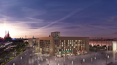 Visualisierung der Messe-Köln mit Blick auf das Motel One. 