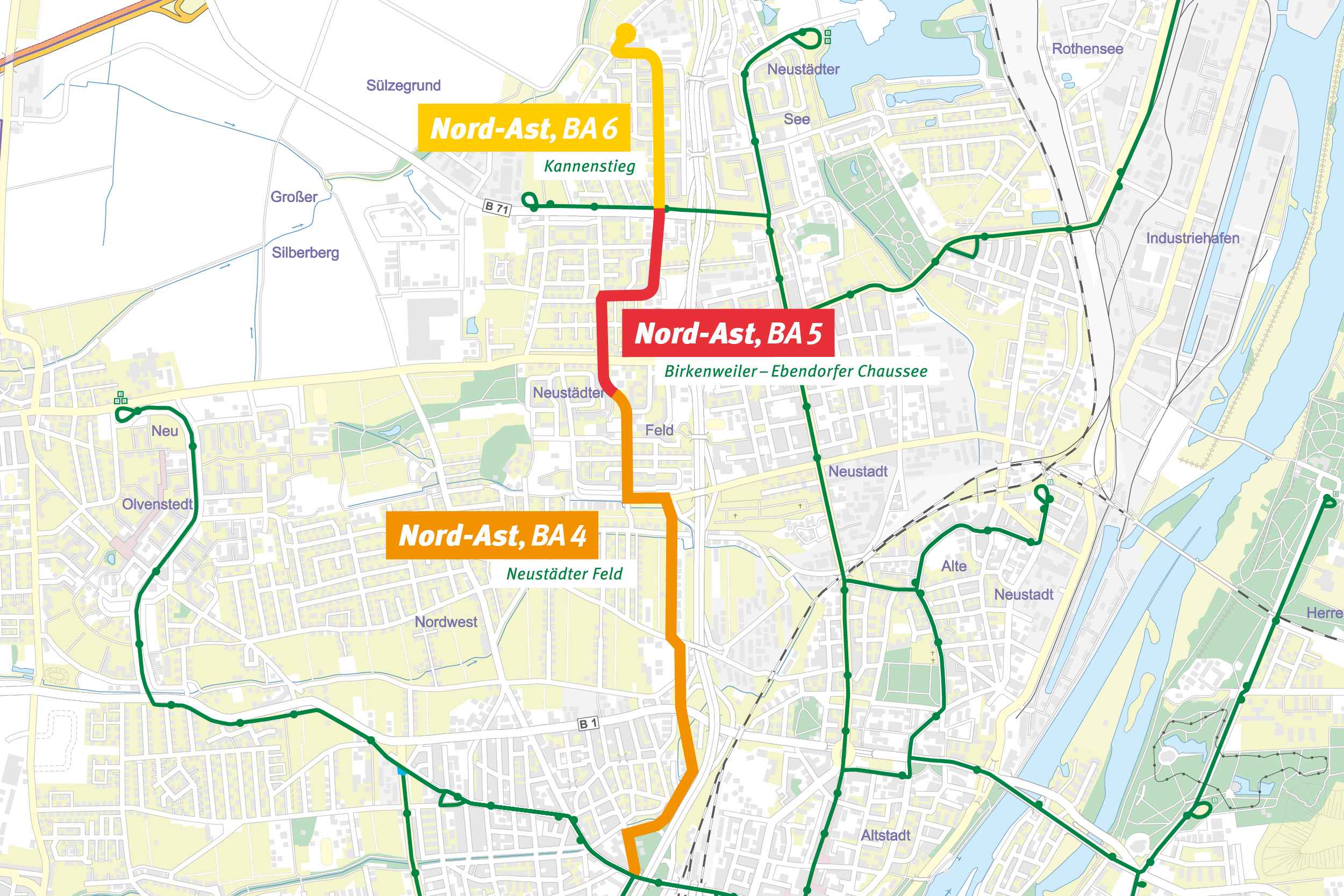 Bauabschnitte der 2. Nord-Süd-Verbindung für die Straßenbahn in Magdeburg