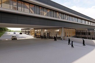 Visualisierung von einer Brücke. Die Straße ist befahren.