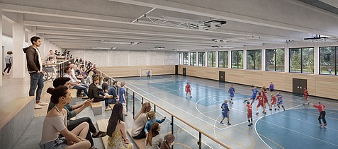 Visualisierung von einer Sporthalle von innen bei einem Handballspiel. 
