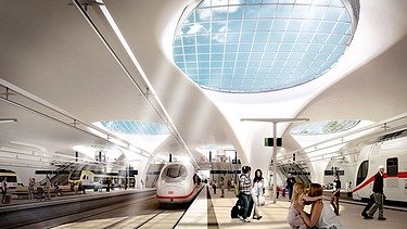 Visualisierung von einem Bahnhof. Zwei ICEs sind auf den Gleisen zu sehen.          