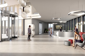 Illustration vom BRAIN BOX BERLIN Foyer. Verschiedenen Personen sind im Raum zusehen. 