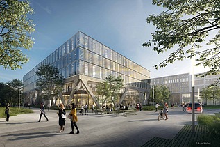 Visualisierung von einen aus Glas bestehenden Bürogebäude. 