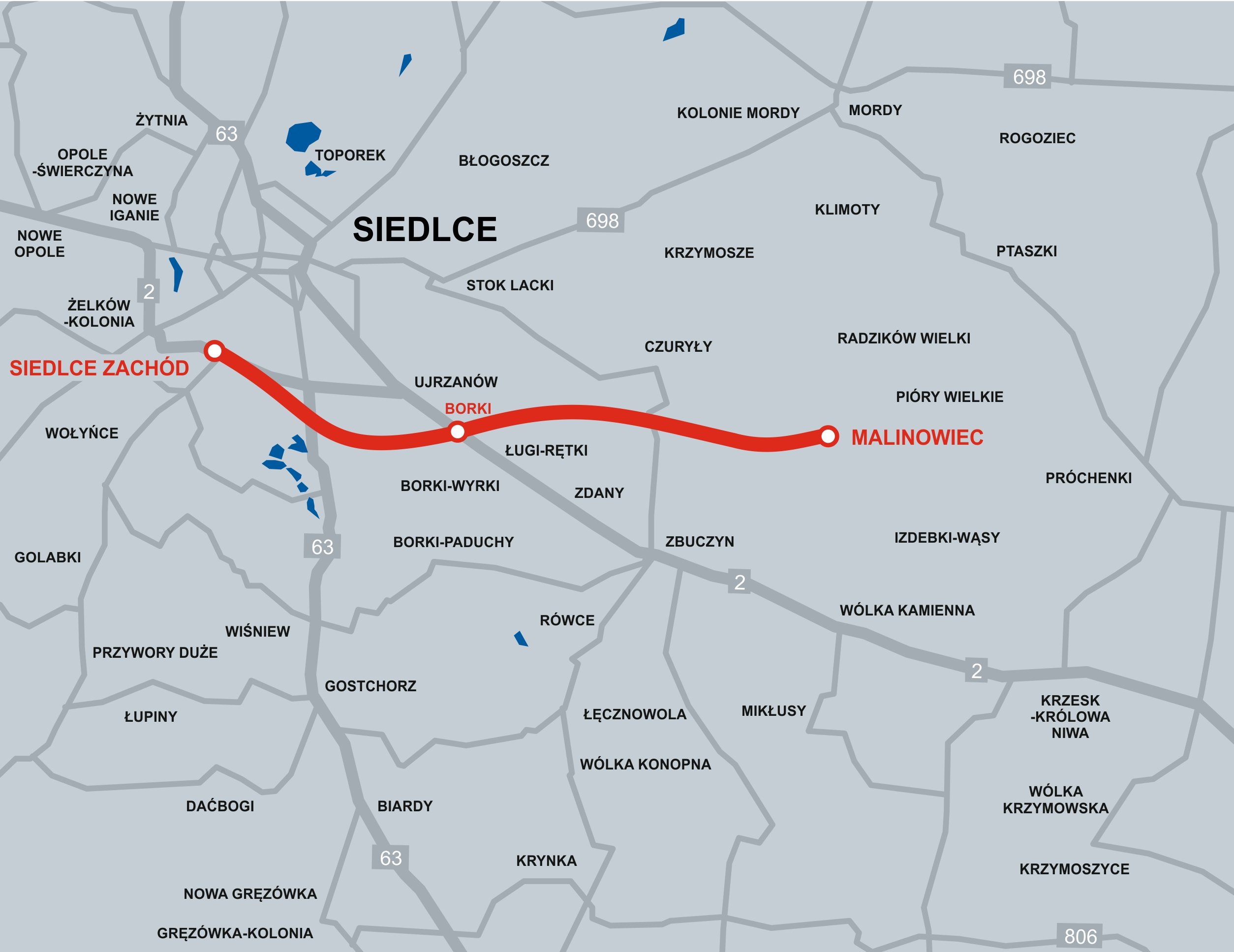 Karte mit Streckenverlauf des neuen Abschnitts der A2 in Polen.