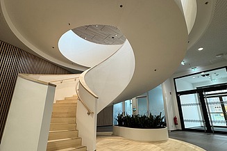 Bild von einer weißen Betonwendeltreppe im Innenraum