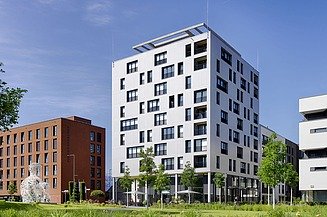 Visualisierung vom Holz-Hybrid-Hochhaus SKAIO in Heilbronn. 