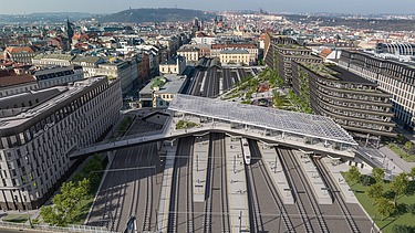 Luftaufnahme vom Bahnhof in Prag