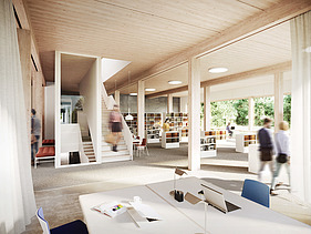 Visualisierung von einer Bibliothek, mit Arbeitsplätzen. 
