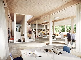 Visualisierung von einer Bibliothek, mit Arbeitsplätzen. 