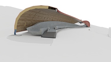 Visualisierung von einem Model, dass eine Überdachte Kurve einer Rennschlittenbahn zeigt.    
