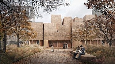 Bild eines Gebäudes mit kompletter Holzfassade