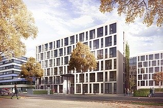 Visualisierung des neuen Konzernhauses am Albstadtweg, Vorzeigeobjekt in Sachen Nachhaltigkeit