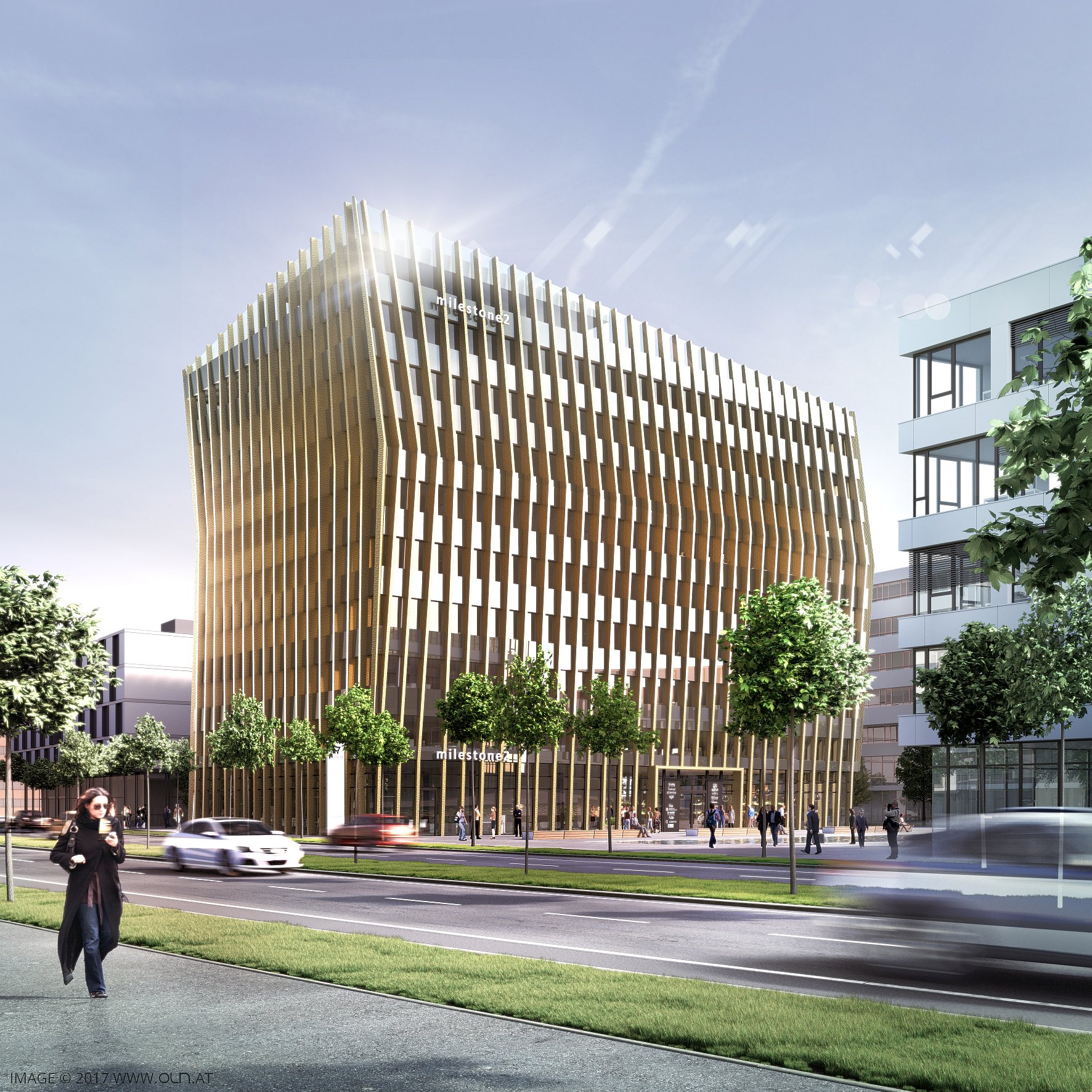 Visualisierung eines neues Bürogebäudes auf der Businessmile in Freiburg. 