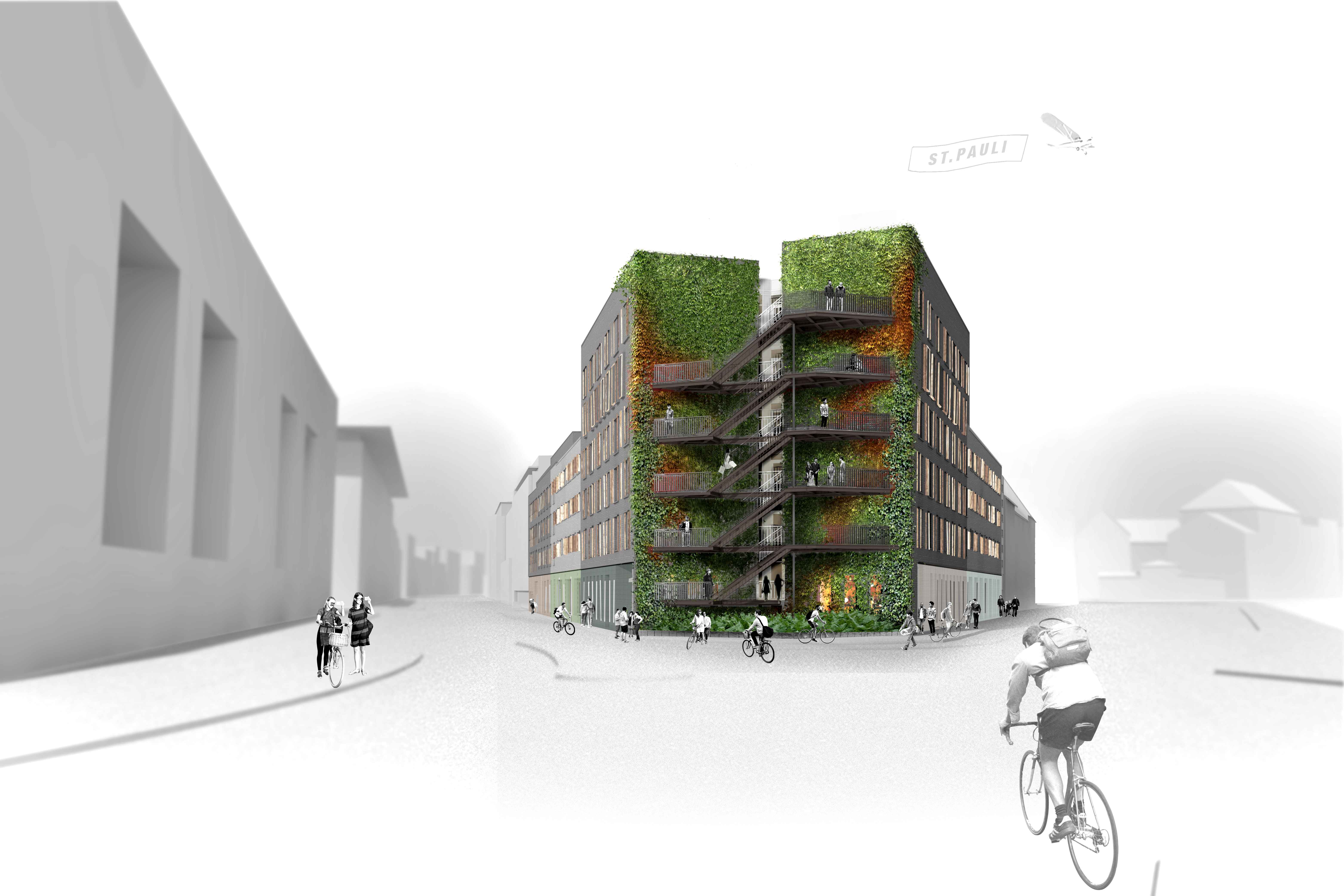 Schwarz-weiß Illustration vom Hamburger Dom. Das Hotel am Dom in St. Pauli ist in Farbe gehalten. Drumherum glückliche Menschen.