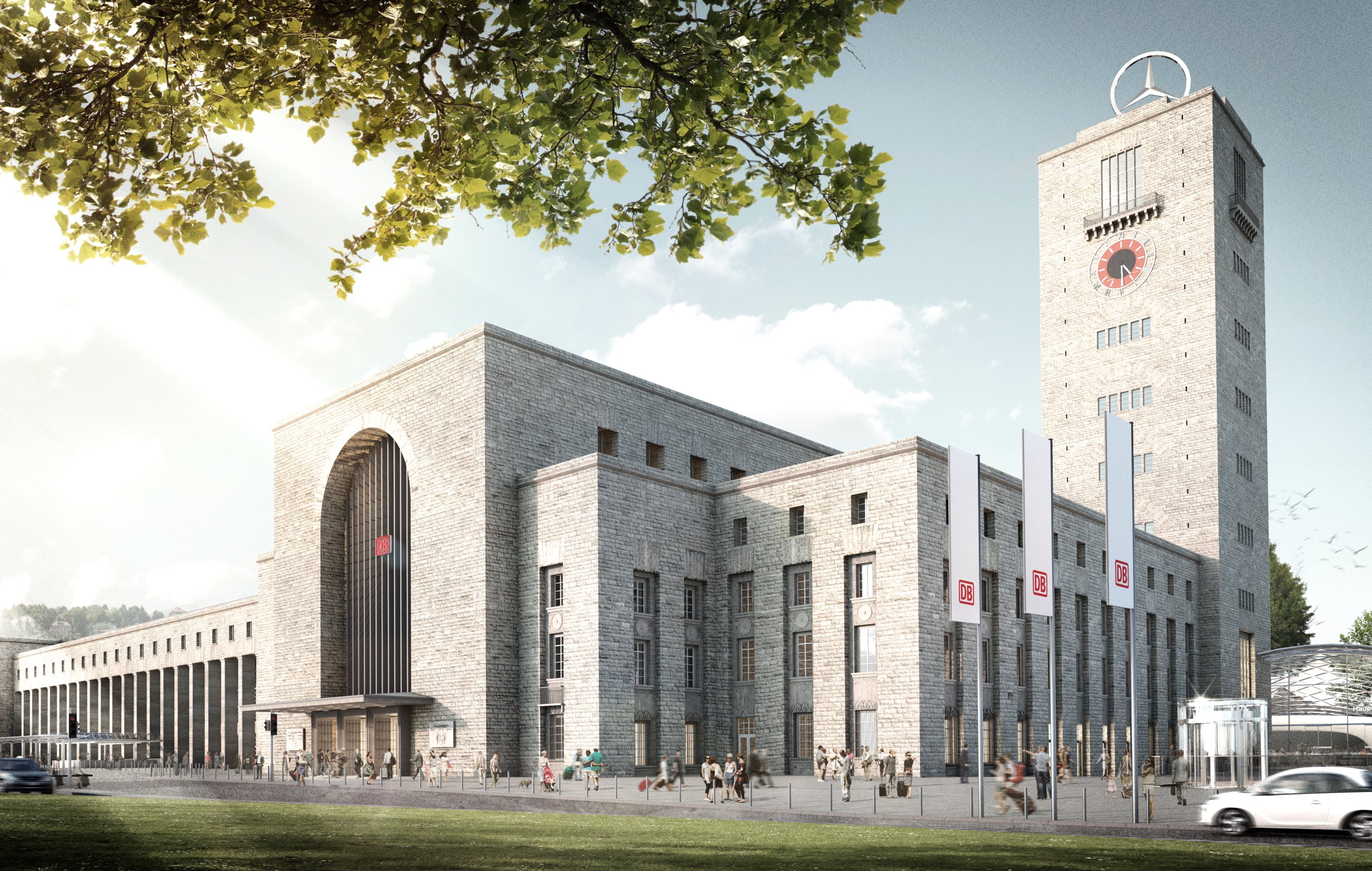 Visualisierung von einem Bahnhofhofsgebäude aus Stein mit Deutsche Bahn Flaggen. 