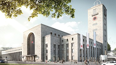 Visualisierung von einem Bahnhofhofsgebäude aus Stein mit Deutsche Bahn Flaggen. 