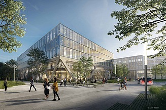 Visualisierung von einen aus Glas bestehenden Bürogebäude. 