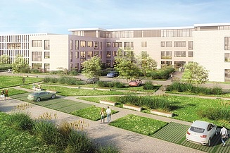 Visualisierung vom dreiteiligen Büro-Neubaukomplex mit Blick auf Grünflächen und dem Parkplatz. 